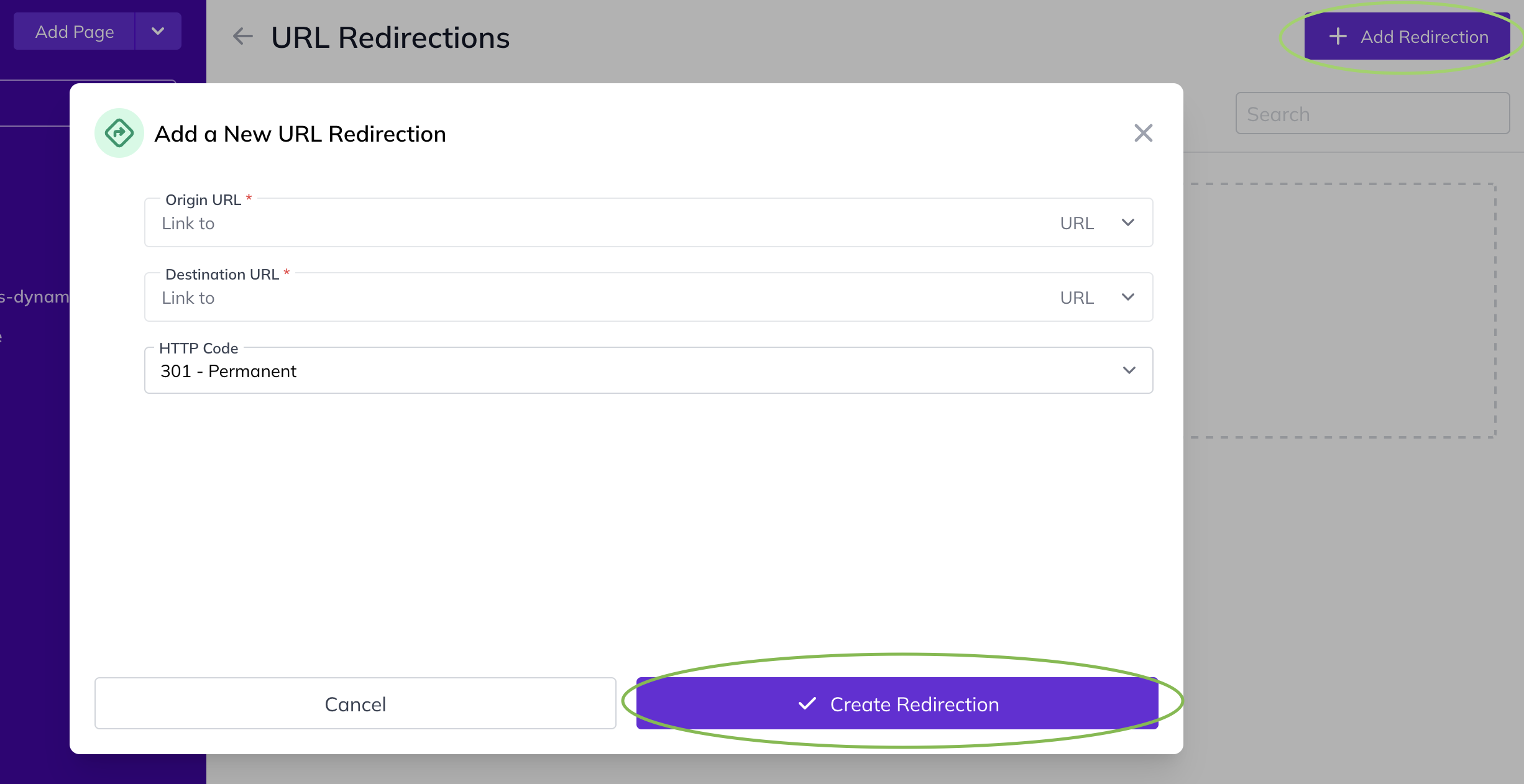 Screenshot showing an example pop-up window where you can enter your Origin URL, Destination URL and HTTP Code type for the URL Redirection you're creating.<br>